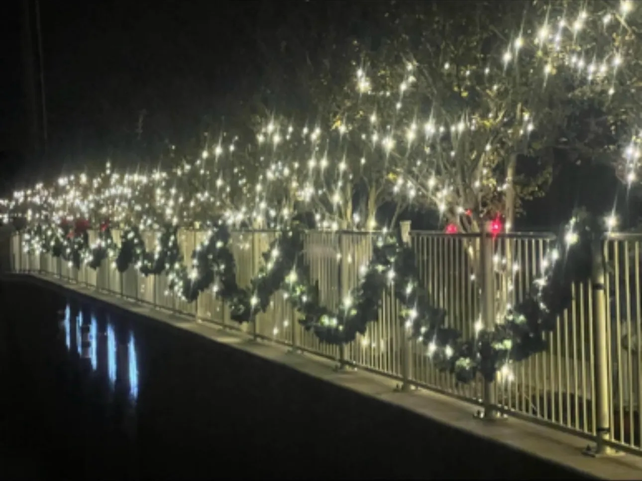 A public walkway railing wrapped in garland and warm white lights, overlooking water at night.